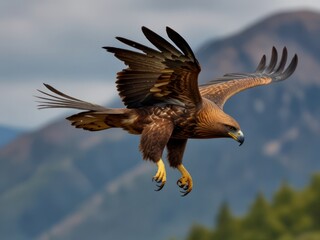 Obraz premium Majestic Golden Eagle Soaring Over Serene Mountain Landscape