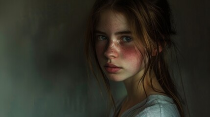 Fototapeta premium Artistic portrait of a girl with a thoughtful gaze, soft lighting.