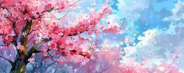A vibrant spring scene featuring blooming cherry blossoms against a clear blue sky, evoking peace and serenity in nature.