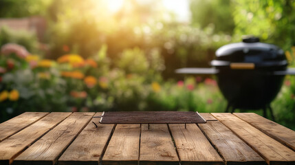 "Summer time in a backyard garden featuring a grill BBQ and a wooden table, with a blurred background creating a relaxed and inviting atmosphere."