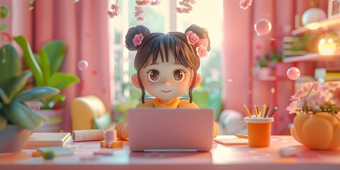 A 3D character using a computer for work and online shopping, blending business and commerce in a modern, tech-driven environment.