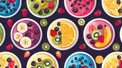 Bright seamless pattern of smoothie bowls