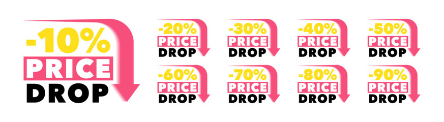 Big price drop label design. Set of sale tags with different percent off discount. Super sale tags from 10 to 90 percent off. Special offer, big sale, price drop. Vector illustration.
