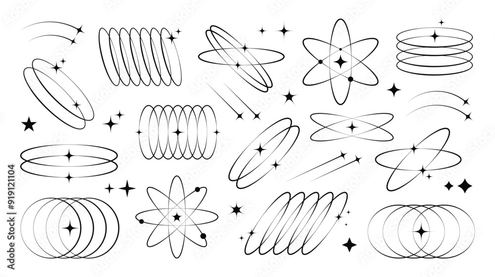 Wall mural trendy aesthetic shapes in y2k style. outline line elements with stars and sparkles. abstract geomet