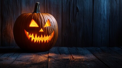 Obraz premium A spooky Halloween pumpkin with a jagged, menacing face sits on a rustic wooden plank background, casting eerie shadows in the dim light.