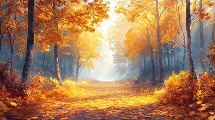 Golden Autumn Path Through a Misty Forest