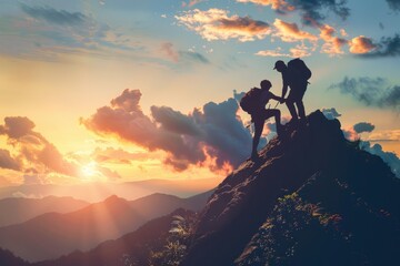 Man's silhouette helping friend reach mountain peak at sunset, teamwork concept.
