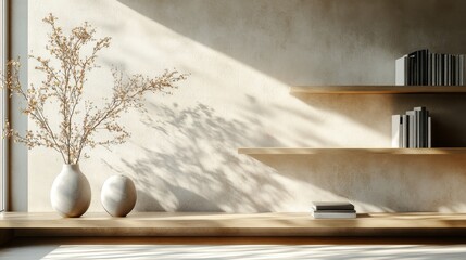 Wooden Shelf with Dried Flowers in Vases and Books in a Minimalist Setting