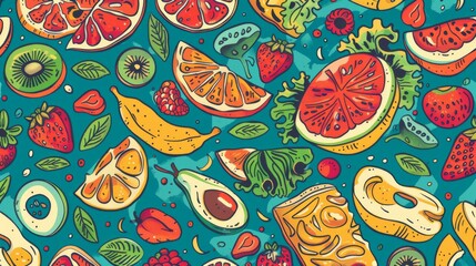 Colorful seamless pattern of healthy meals.