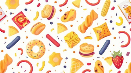 Colorful seamless pattern of mixed snacks.