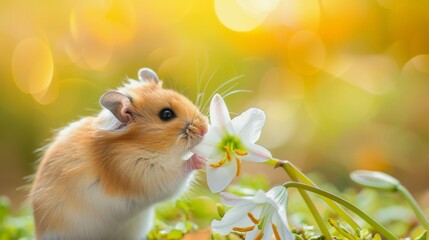 Sweet Hamster with White Lily in Vibrant Nature Scene
