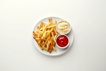 French Fries with Ketchup and Mayonnaise on a White Plate