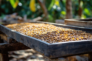 Coffee drying area with different types of coffee beans on a farm in Brazil.