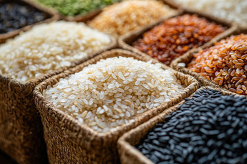 Close-up photo of different varieties of rice standing on store shelves