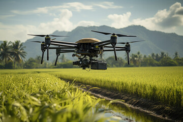 Fototapeta premium Modern advanced farming practices with drones flying over rice fields and used to monitor the condition and growth of crops before harvest.