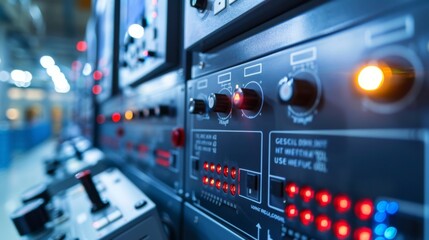 Fototapeta premium Digital control panels in a production facility, showcasing the integration of technology in industrial operations.