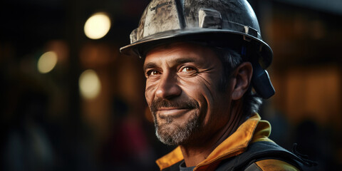 Fototapeta premium Joyful worker in a factory setting, wearing a hard hat, smiling confidently , showcasing teamwork and professionalism in manufacturing. Labor day. Banner