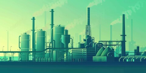 Industrial complex with smoke stacks.