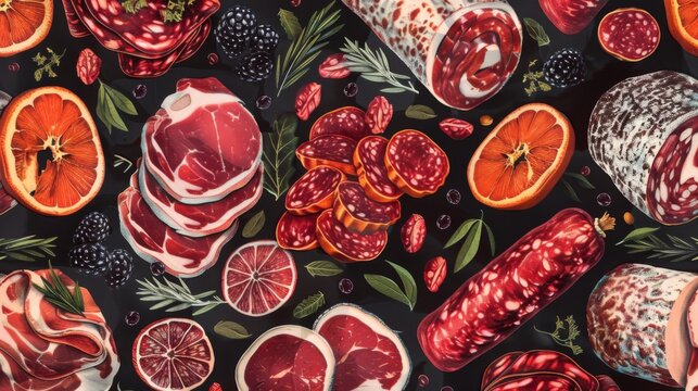 Elegant seamless pattern of charcuterie.