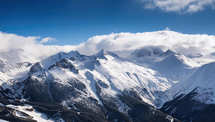 Magnificent view of huge snowy mountains with high peaks under blue cloudy sky in winter