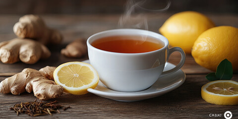 Fototapeta premium White hot cup of tea, dried tea leaves, a piece of lemon and ginger lie nearby, on a wooden background, copy space. banner