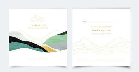 Fototapeta premium Mountain cycle competition. Bike fest vector invitation template. Abstract mountain landscape with bicycle icon. Mountains bike racing invitation. Golden lines on white background. E-bike silhouette.