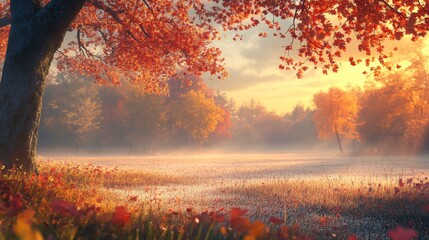 Fototapeta premium Golden Sunrise Through a Misty Autumn Forest