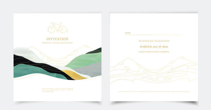 Mountain cycle competition. Bike fest vector invitation template. Abstract mountain landscape with bicycle icon. Mountains bike racing invitation. Golden lines on white background. E-bike silhouette.
