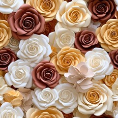 3D Roses in brown, yellow and white colors, floral background, Seamless Rose Pattern, Abstract Flowers