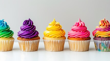 A row of bright, colorful cupcakes with different frosting on a white background.