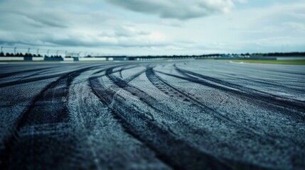 Empty racetrack with tire marks from previous races, showcasing the intensity and adrenaline of high-speed competitions