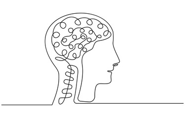 Continuous one line drawing of human brain. Hand drawn minimalism style. brain line art vector illustration, Human brain continuous one line drawing of art vector illustration and intelligence outline