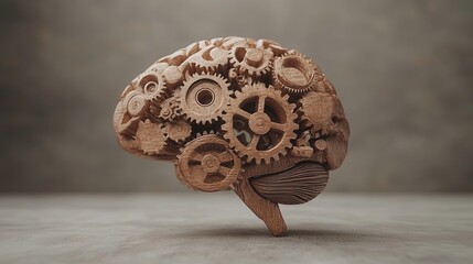 Close-up of a wooden brain model filled with intricate mechanical gears, representing the concept of human intelligence and cognitive processes.