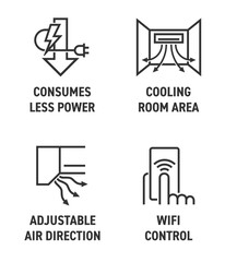 Cooling area, Adjustable direction, less power - icons in bold line