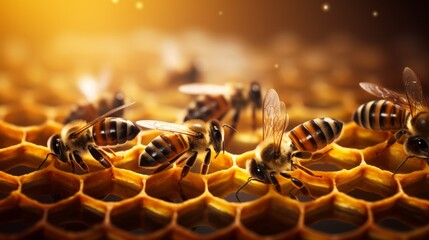 Close up view of the working bees on honeycells. Neural network ai generated art