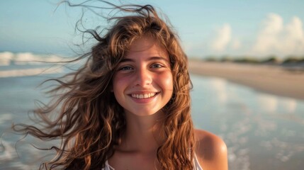 Naklejka premium Girl standing on a beach, looking at the camera with a bright smile.