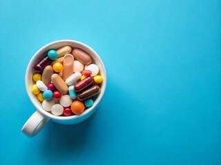 Assortment of medicinal pills, tablets, and capsules in a white ceramic cup on a blue background, with empty space for text, representing healthcare and therapy.