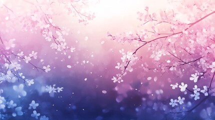 A serene background featuring a soft gradient from pale pink to deep purple, with delicate white cherry blossoms gently scattered across the scene. 