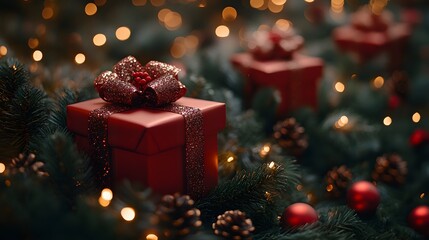 Stylish Xmas composition with 3D red gift boxes, illuminated garland, and lush green branches, creating a festive and elegant holiday design.