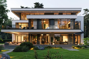 Fototapeta premium Modern house with large windows, black frames, terrace, evening lighting, photorealistic