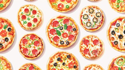 Playful seamless pattern of assorted pizzas.