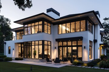 Obraz premium White modern house, black windows, illuminated at night, lush yard, luxury feel