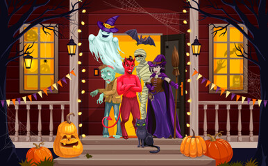 Halloween scary characters on the door porch. Halloween house entrance doorway, witchcraft holiday cottage decorated porch vector wallpaper with devil, zombie, witch and ghost, mummy scary characters