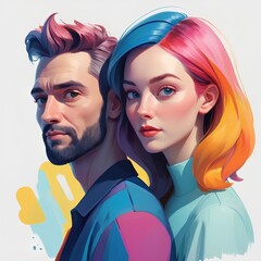 3D Portrait of a Couple in Artistic Illustration Style on White Background
