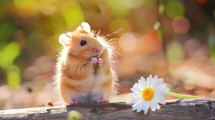 Cheerful Hamster with White Daisy in Vibrant Garden Setting