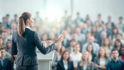 Dynamic Female Public Speaker - A female politician animatedly addressing a large group of people.
