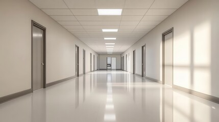 Empty corridor with many doors is reflecting sunlight from windows