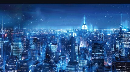 big city at night with skyscrapers, blue and realistic with generative ai