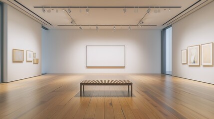 Blank wall frame in a modern, white-walled gallery space for mockup