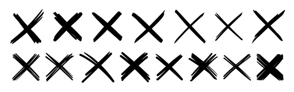 X scribble marks. Vector sketch crosses of black marker, pen, pencil or brush lines, hand drawn doodle strikethrough signs set with rough texture. Isolated monochrome X or cross shape scribble marks